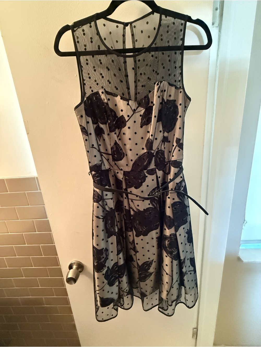 Eliza J cocktail dress- Sleeveless Black Floral Polka Dot Dress